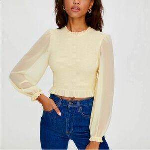 Aritzia Wilfred Tempest Blouse in Tapioca Yellow Puff Sleeve Sheer Top Size:XS
